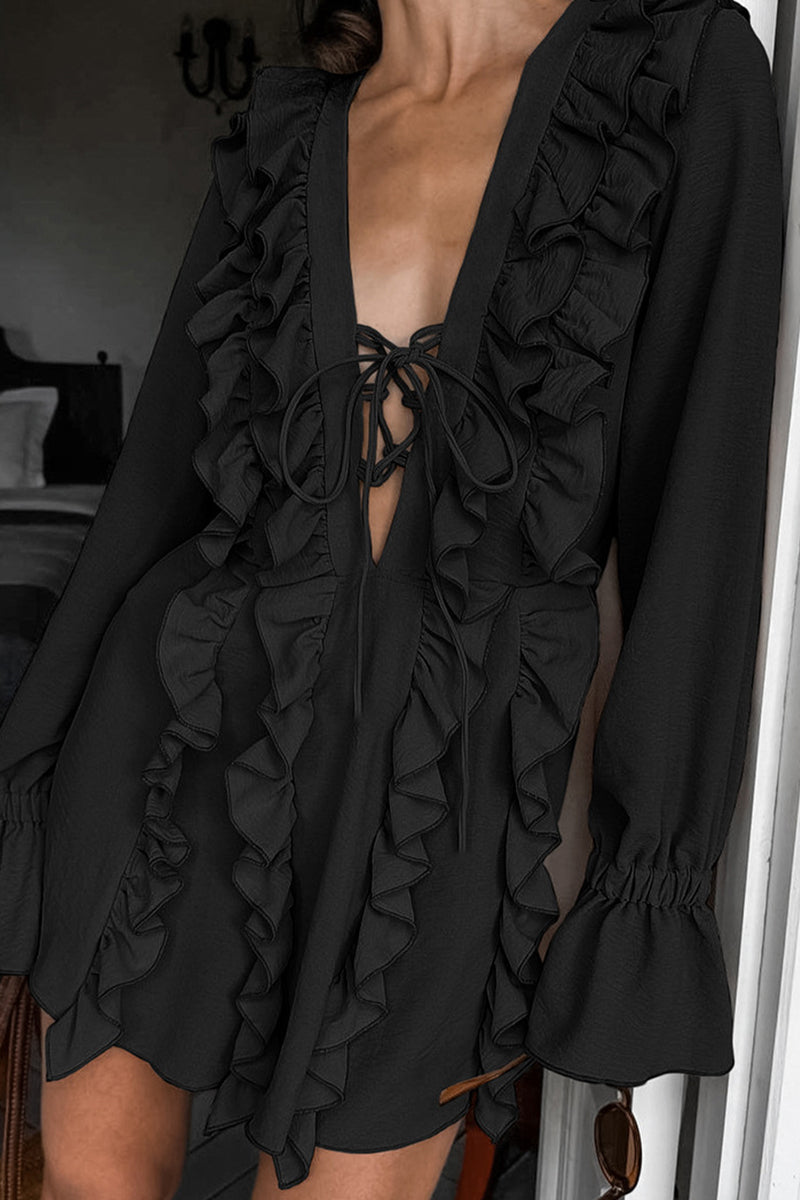 Sexy Lace Up Ruffle V Neck A Line Dresses - Fashionpara