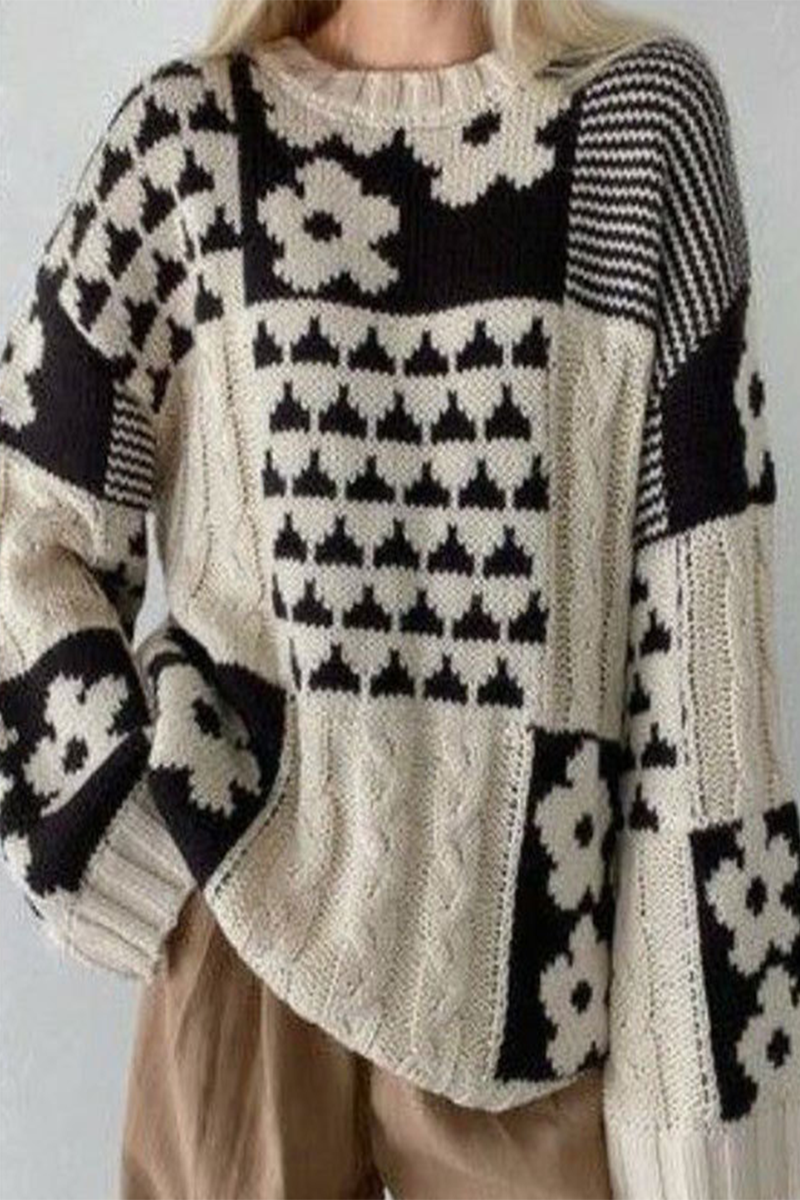 Bohonini Colorblock Flower Weave O Neck Casual Sweater