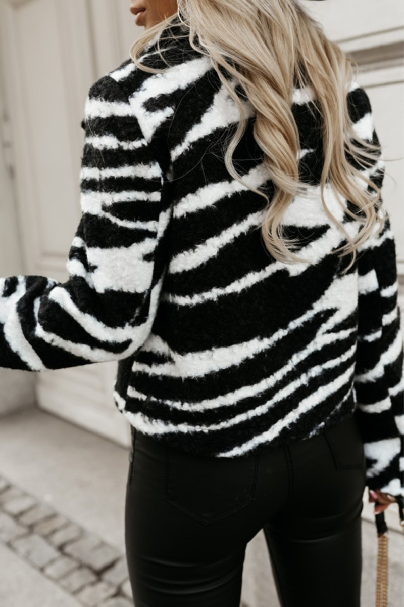 Zebra Print Contrast Collar Fluffy Casual Outerwear Jacket