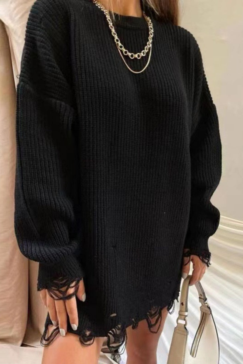 Florcoo Casual Ripped O Neck Sweater in 8 Stylish Colors