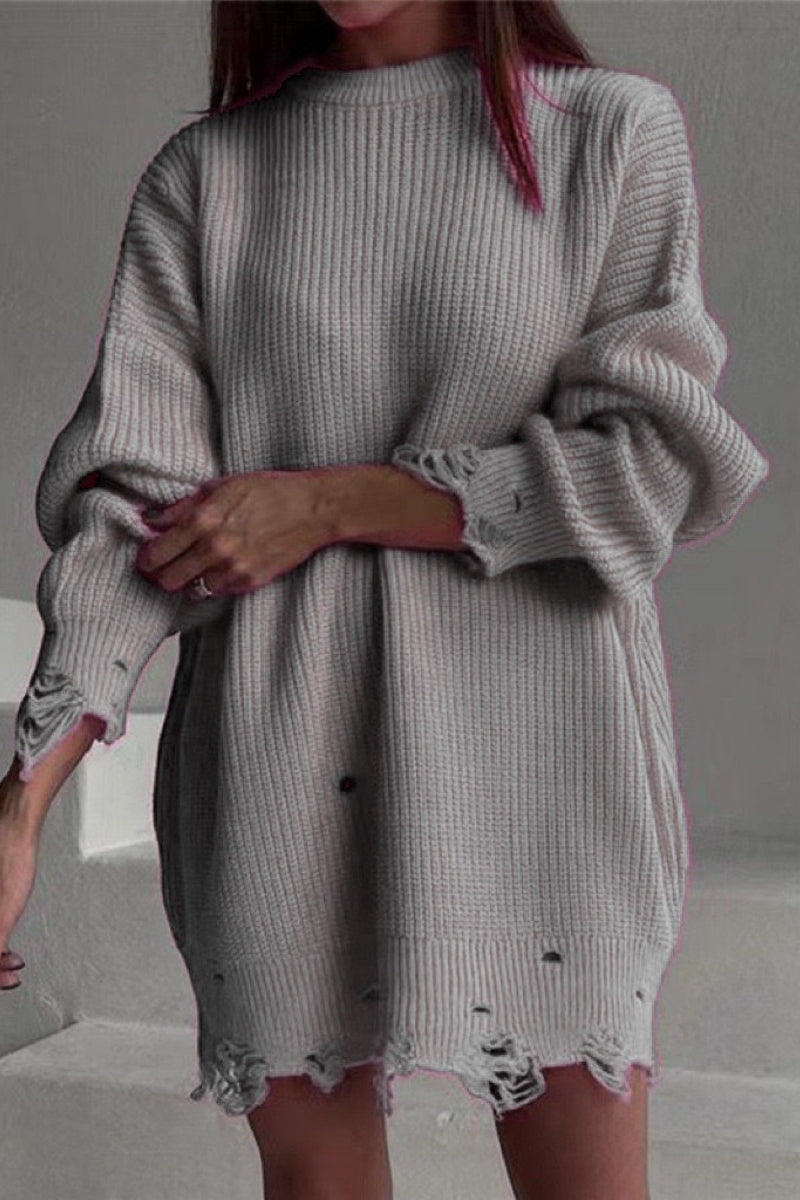 Florcoo Casual Ripped O Neck Sweater in 8 Stylish Colors