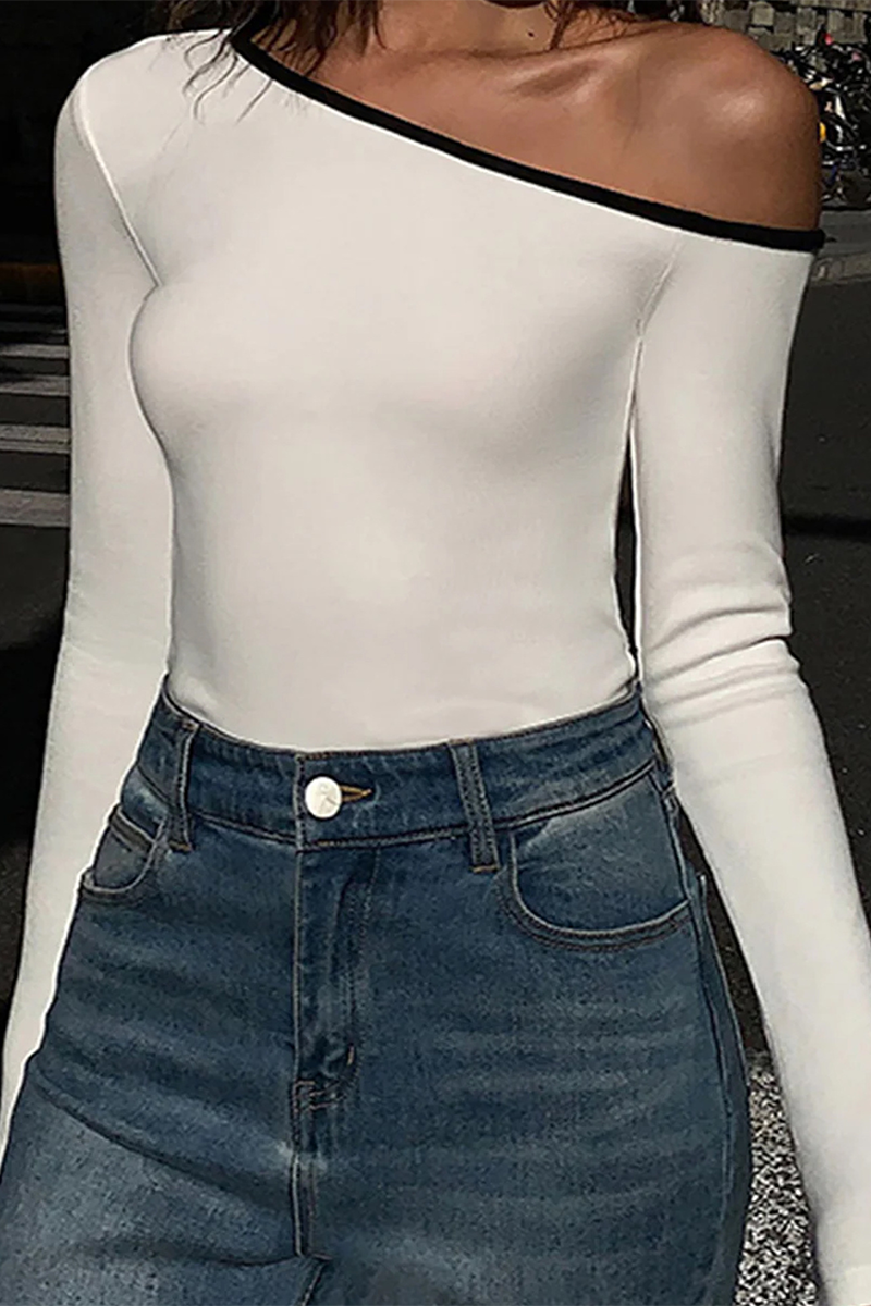 Sexy Casual Street Patchwork Contrast Oblique Collar Tops - Fashionpara