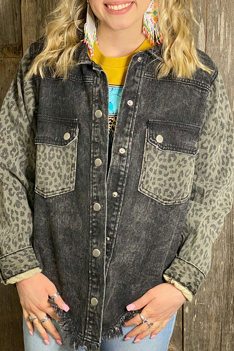 Leopard Distressed Denim Jacket with Turndown Collar Style