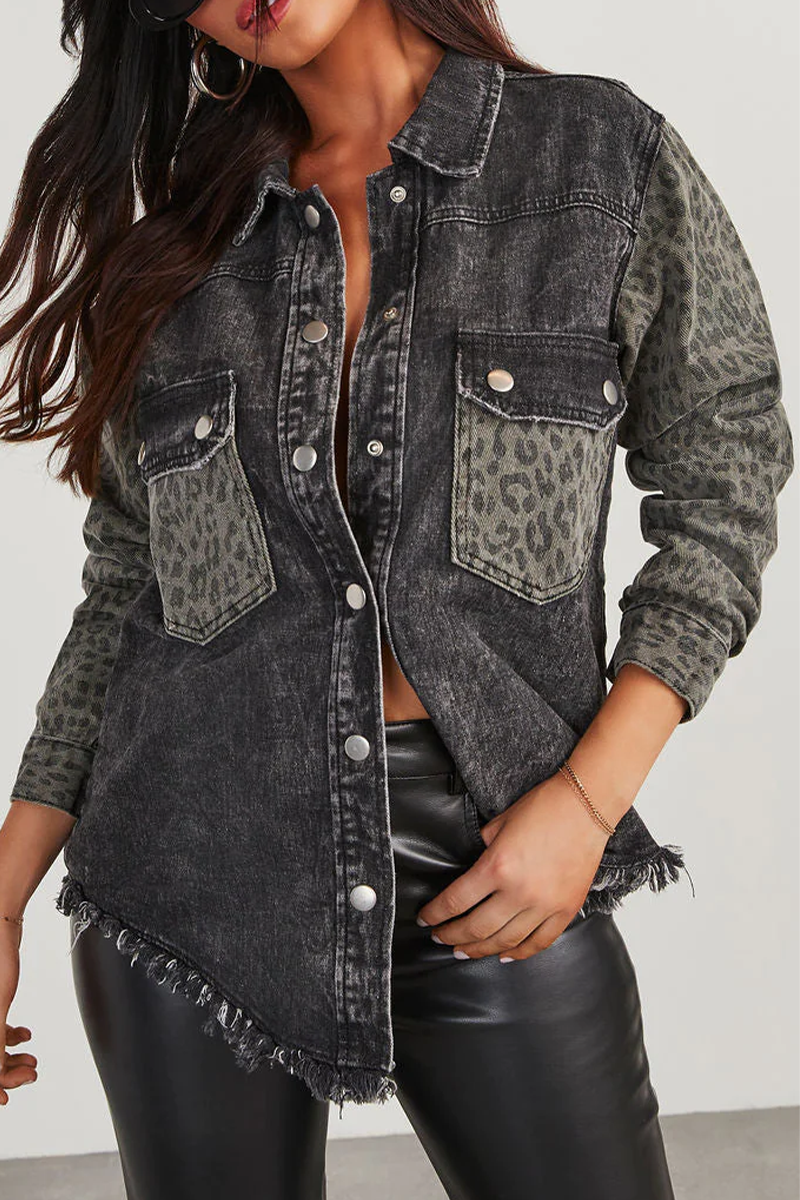 Leopard Distressed Denim Jacket with Turndown Collar Style