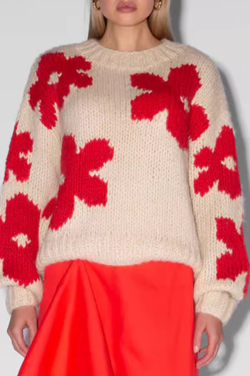 Flornana Casual Floral Weave O Neck Sweater for Everyday Style