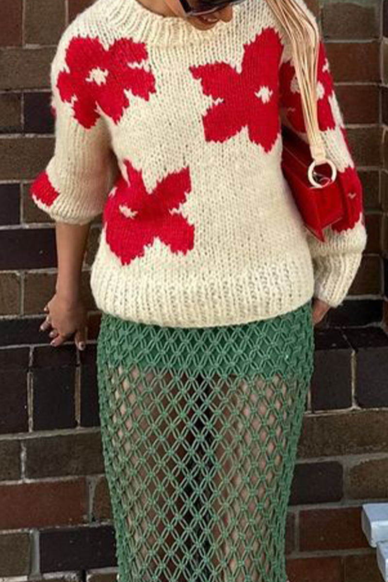 Flornana Casual Floral Weave O Neck Sweater for Everyday Style