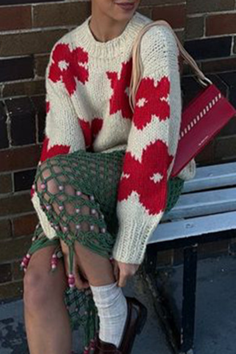 Flornana Casual Floral Weave O Neck Sweater for Everyday Style