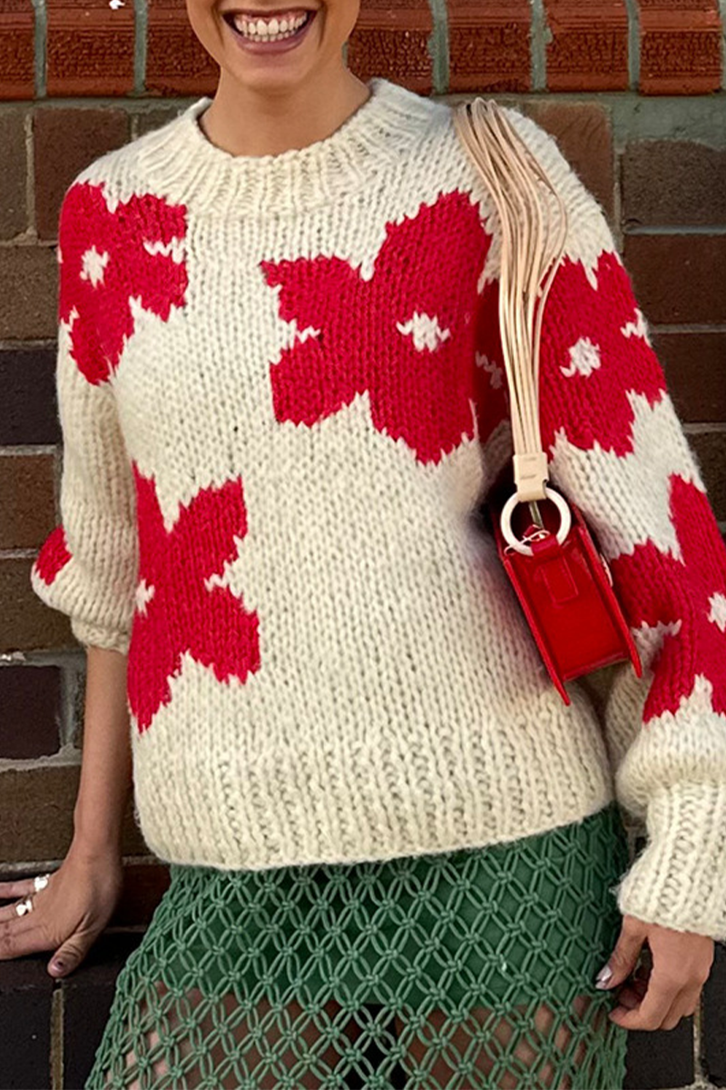 Flornana Casual Floral Weave O Neck Sweater for Everyday Style