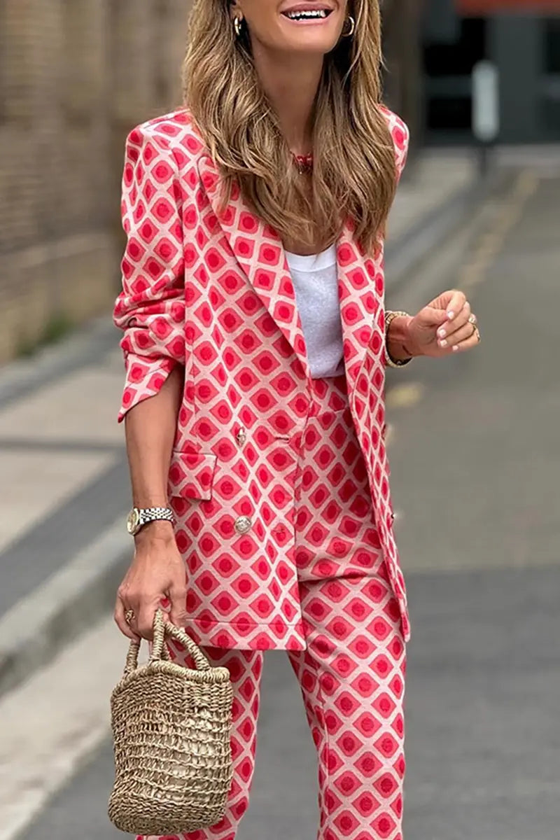 Casual Street Geometric Print Buttons Turn-back Collar Long Sleeve Two Pieces Fashionpara