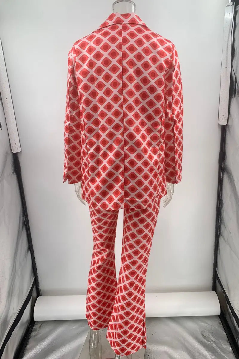 Casual Street Geometric Print Buttons Turn-back Collar Long Sleeve Two Pieces Fashionpara