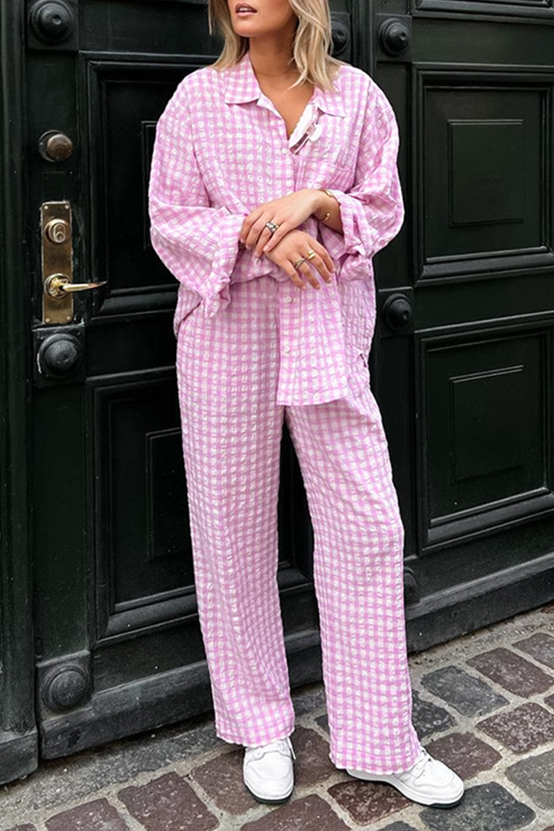 Casual Street Plaid Buttons Contrast Turndown Collar Long Sleeve Two Pieces - Fashionpara