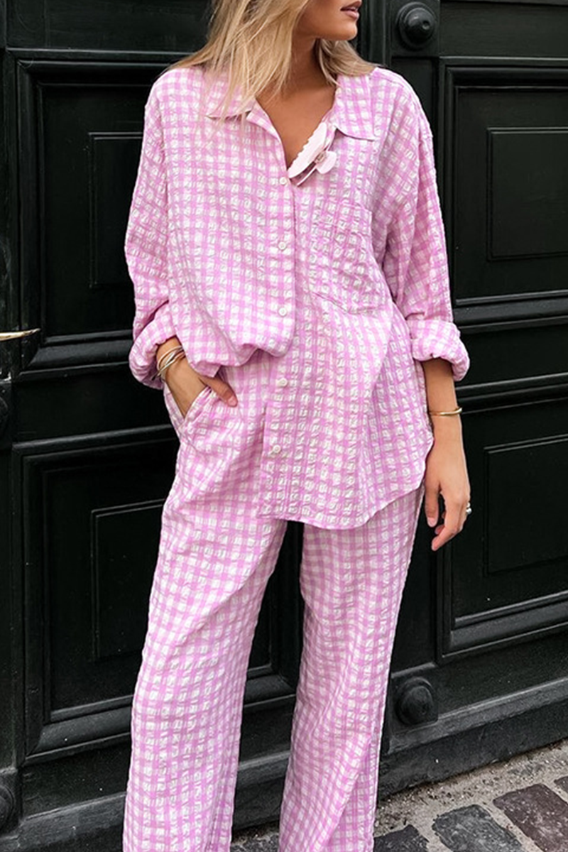 Casual Street Plaid Buttons Contrast Turndown Collar Long Sleeve Two Pieces - Fashionpara