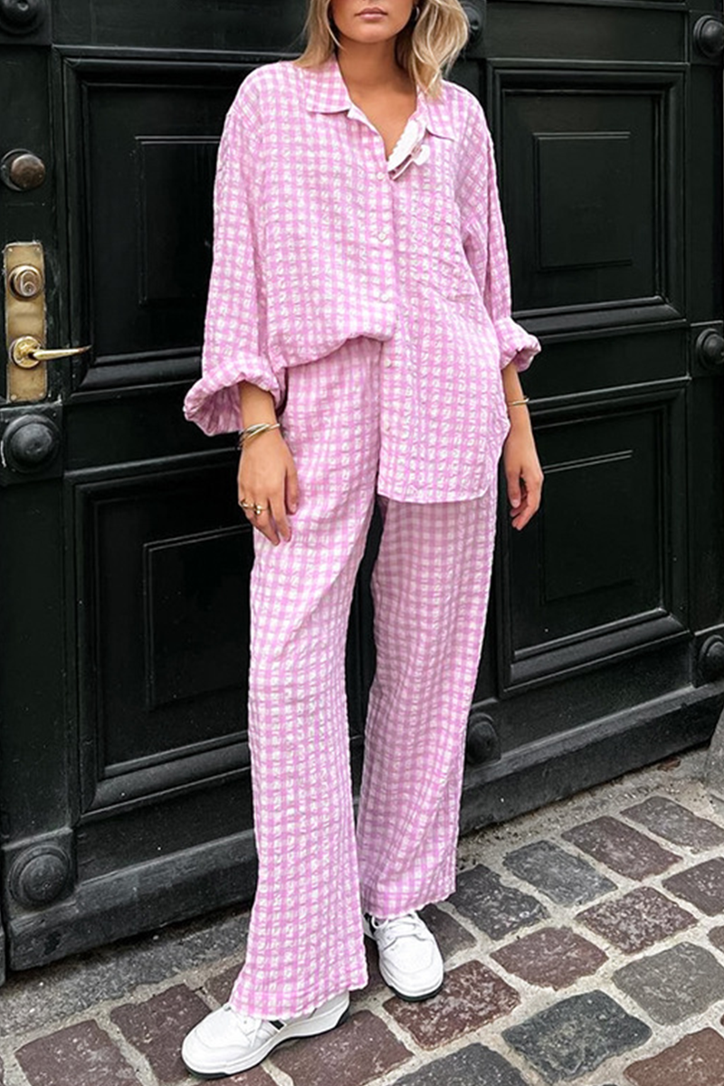 Casual Street Plaid Buttons Contrast Turndown Collar Long Sleeve Two Pieces - Fashionpara