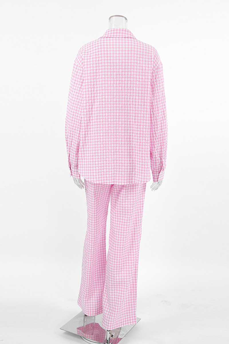 Casual Street Plaid Buttons Contrast Turndown Collar Long Sleeve Two Pieces - Fashionpara