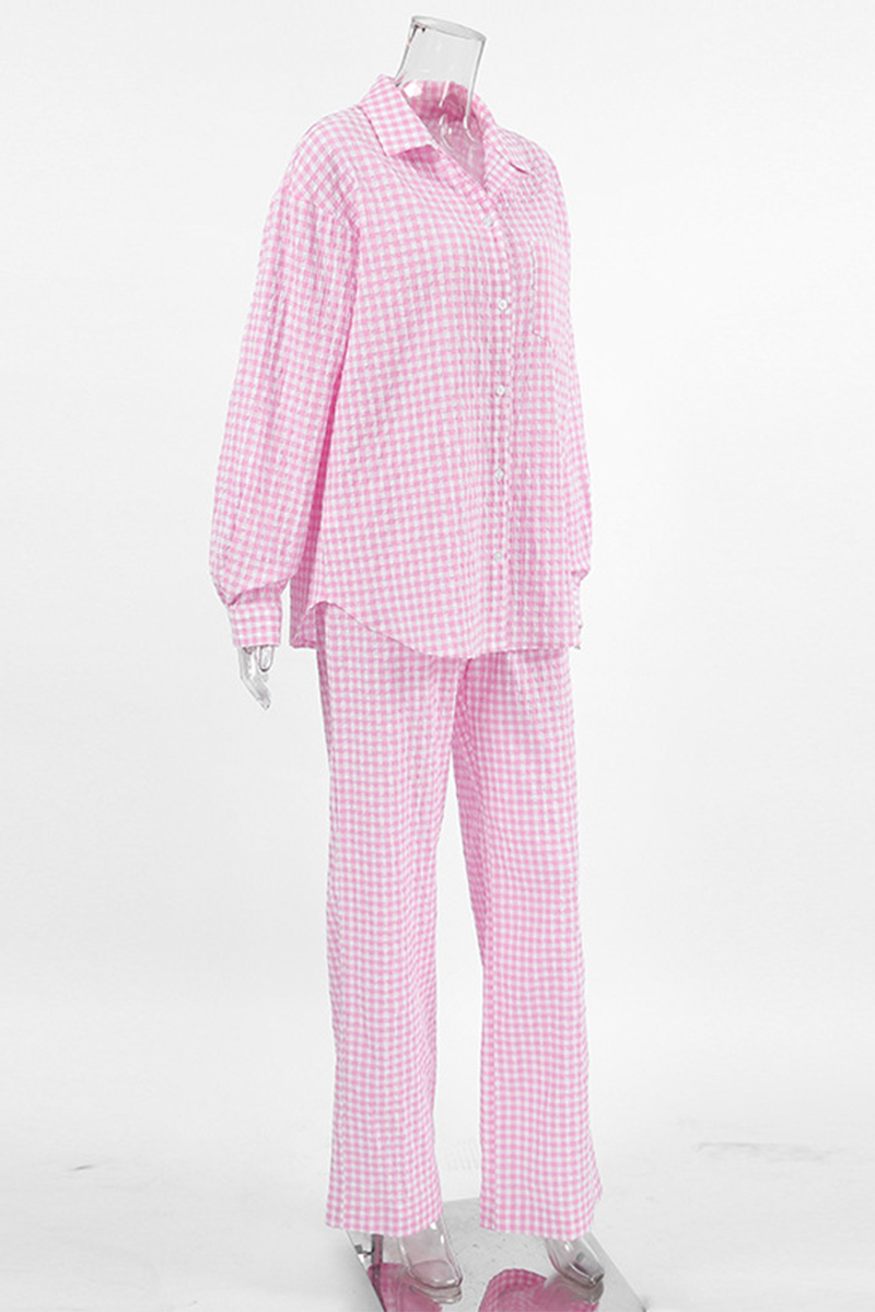 Casual Street Plaid Buttons Contrast Turndown Collar Long Sleeve Two Pieces - Fashionpara