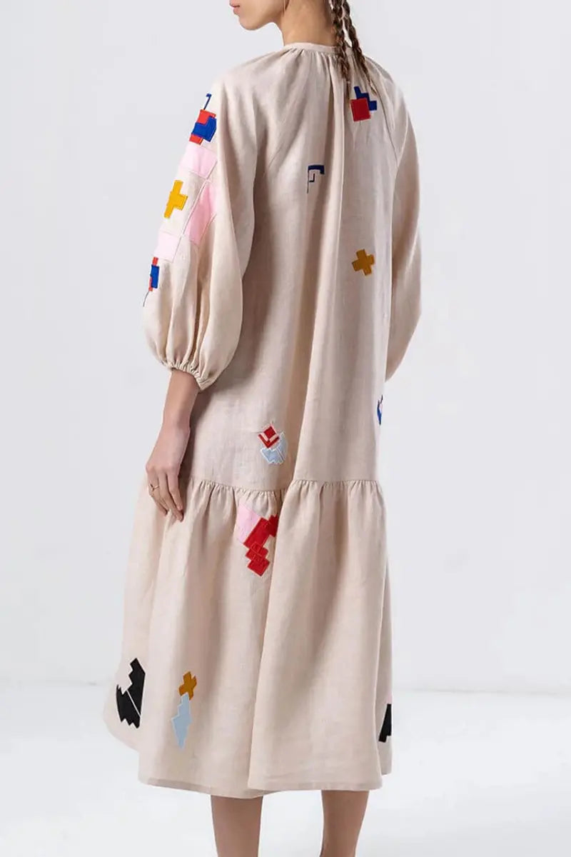 Casual Street Geometric Print Buckle Patchwork V Neck A Line Dresses Fashionpara