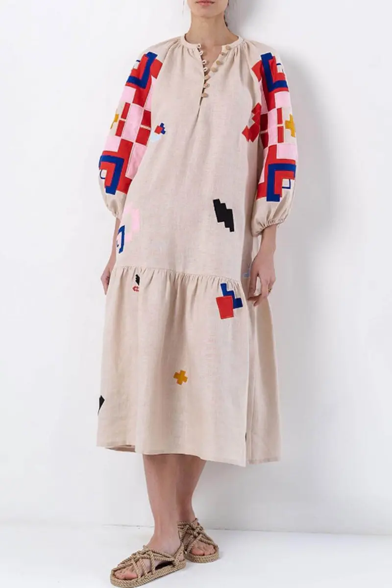 Casual Street Geometric Print Buckle Patchwork V Neck A Line Dresses Fashionpara