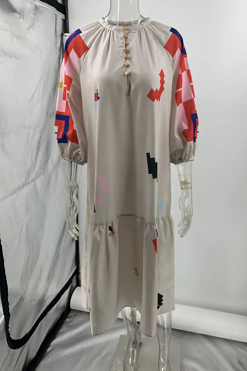 Casual Street Geometric Print Buckle Patchwork V Neck A Line Dresses Fashionpara