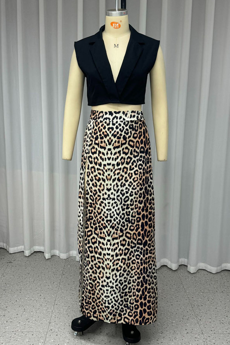Casual Street Leopard Slit V Neck Sleeveless Two Pieces - Fashionpara