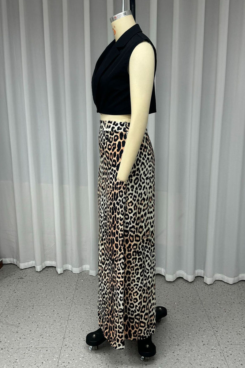 Casual Street Leopard Slit V Neck Sleeveless Two Pieces - Fashionpara