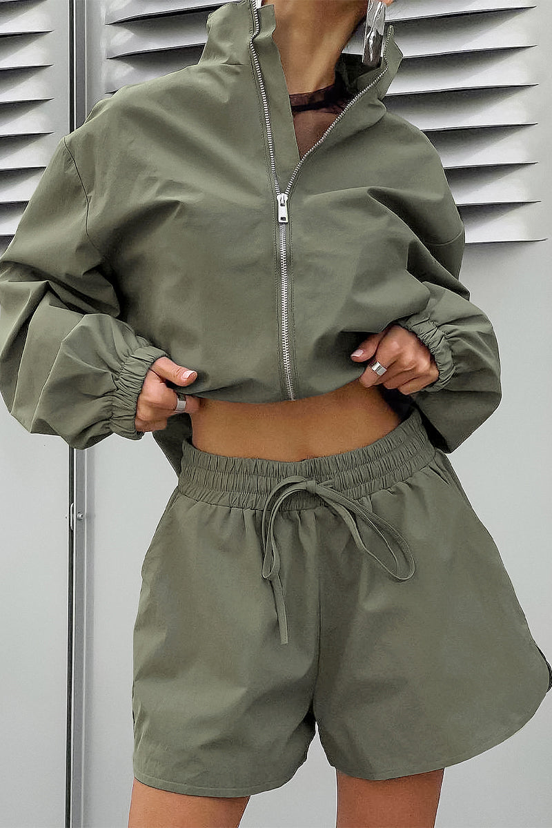 Casual Street Lace Up Zipper Turndown Collar Long Sleeve Two Pieces - Fashionpara