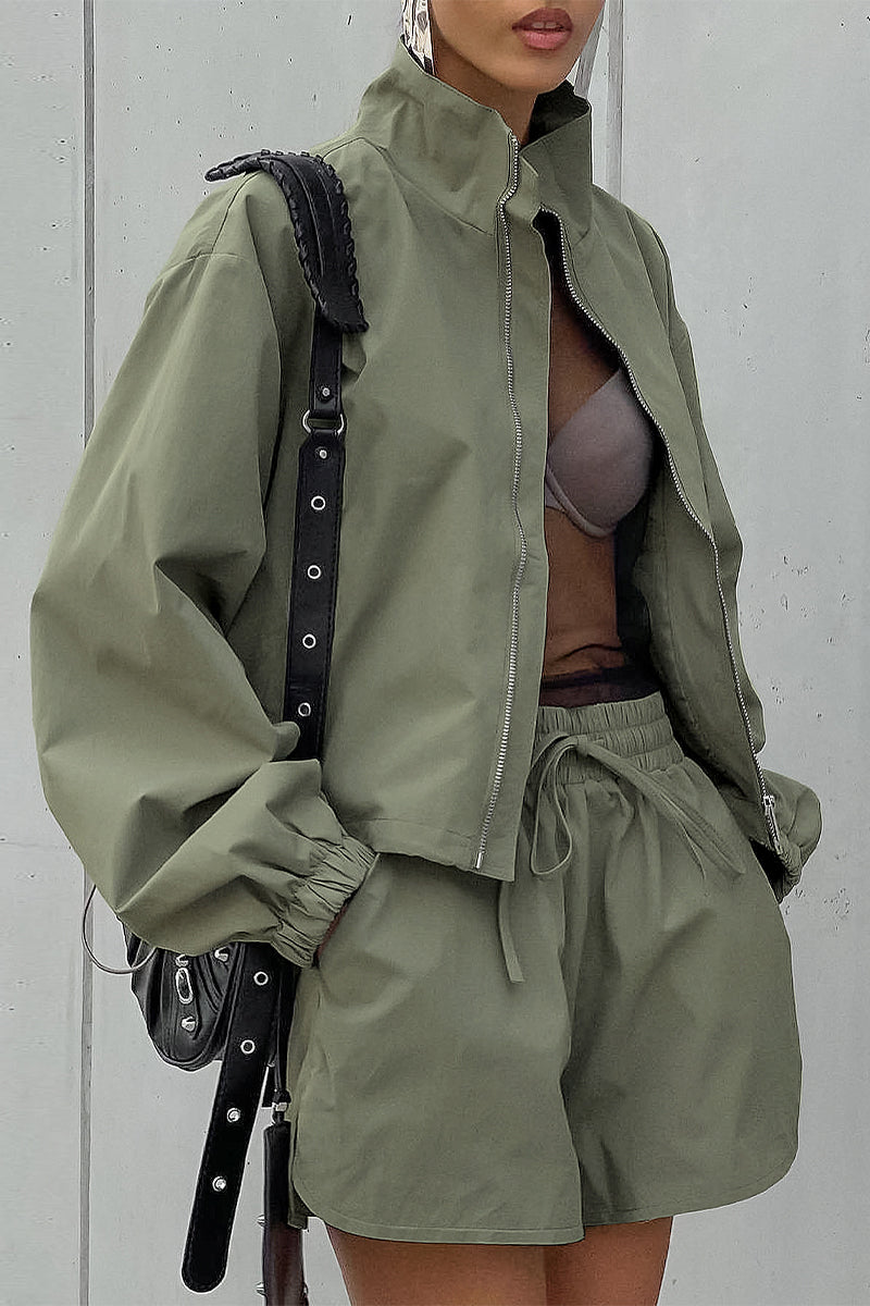 Casual Street Lace Up Zipper Turndown Collar Long Sleeve Two Pieces - Fashionpara