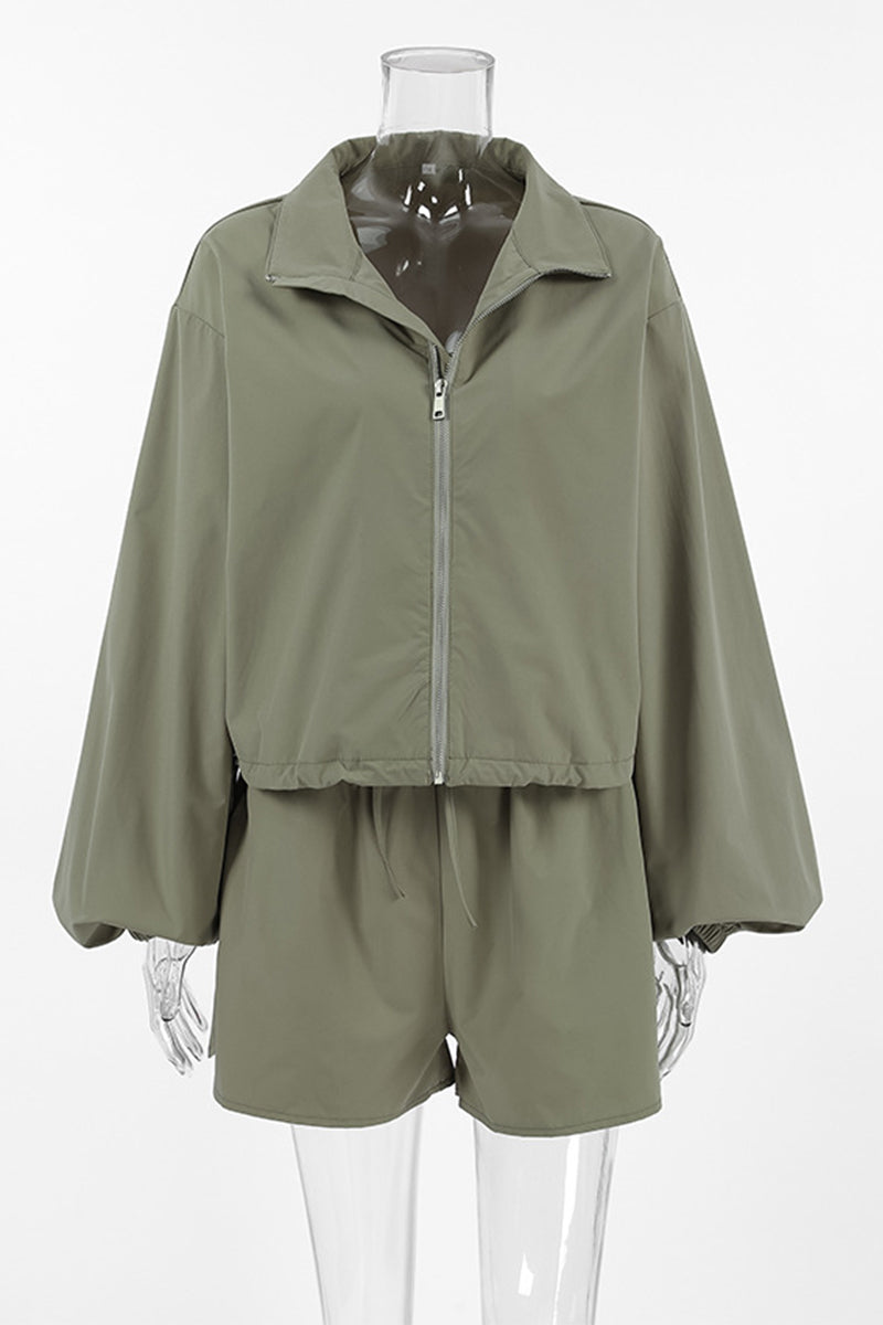 Casual Street Lace Up Zipper Turndown Collar Long Sleeve Two Pieces - Fashionpara