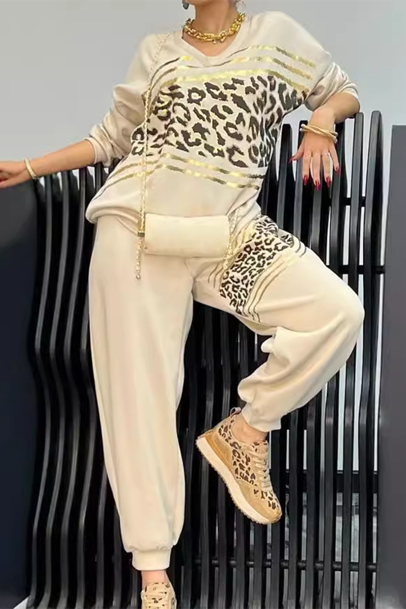 Casual Street Bronzing Pattern Leopard V Neck Long Sleeve Two Pieces(5 Colors) - Fashionpara