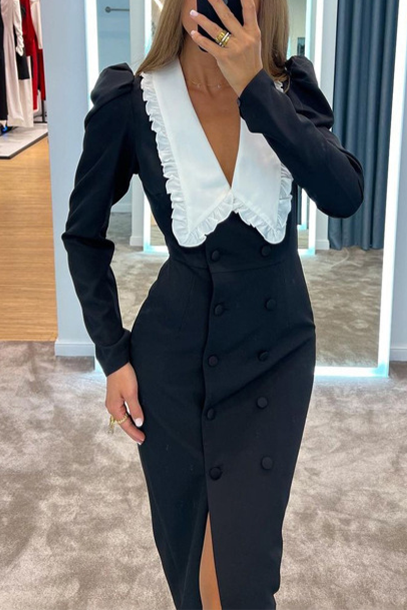 Celebrities Elegant Slit Contrast Peter Pan Collar One Step Skirt Dresses - Fashionpara