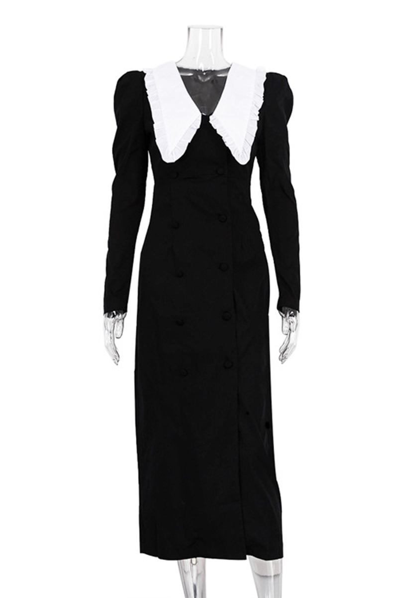 Celebrities Elegant Slit Contrast Peter Pan Collar One Step Skirt Dresses - Fashionpara