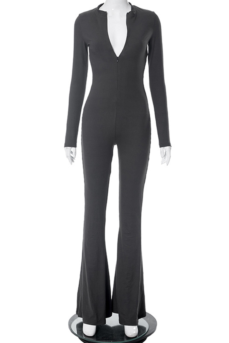 Casual Street Zipper O Neck Skinny Jumpsuits - Fashionpara