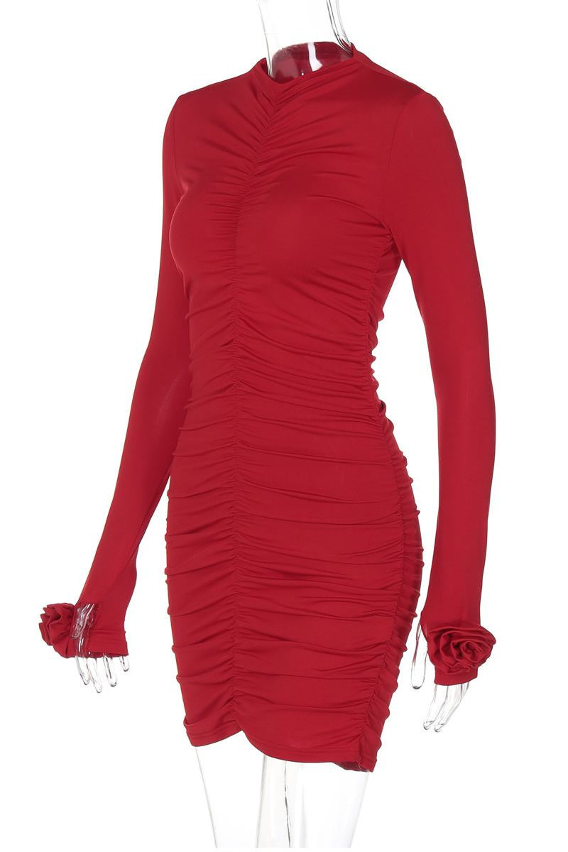 Casual Ruched Half A Turtleneck Wrapped Skirt Dresses(4 Colors) - Fashionpara