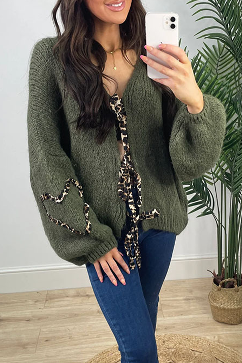 Leopard Lace-Up Knitted Jacket - Stylish Patchwork Design