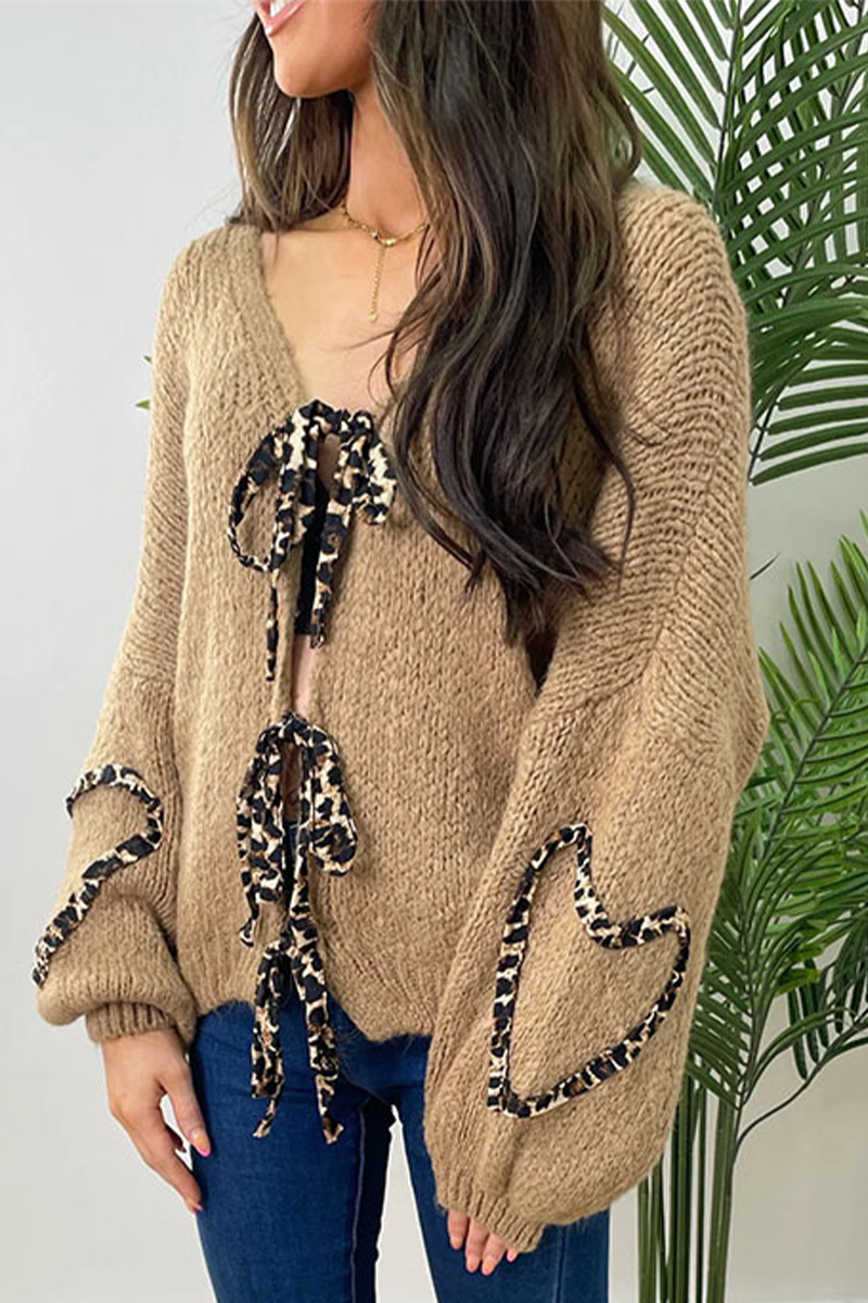 Leopard Lace-Up Knitted Jacket - Stylish Patchwork Design