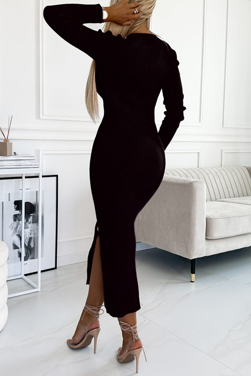 Elegant Buttons Slit Potholes O Neck Wrapped Skirt Dresses - Fashionpara