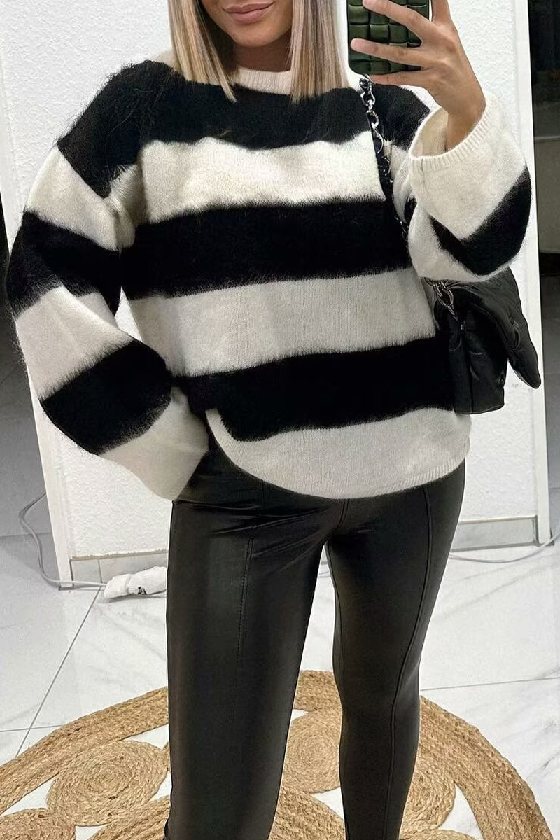 Fluffy Stripe Contrast Sweater for Casual Everyday Wear