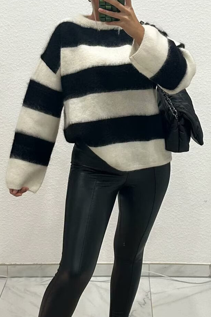Fluffy Stripe Contrast Sweater for Casual Everyday Wear