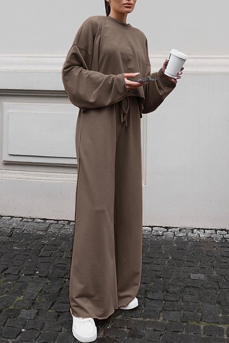 Casual Street Pocket Lace Up O Neck Long Sleeve Two Pieces - Fashionpara