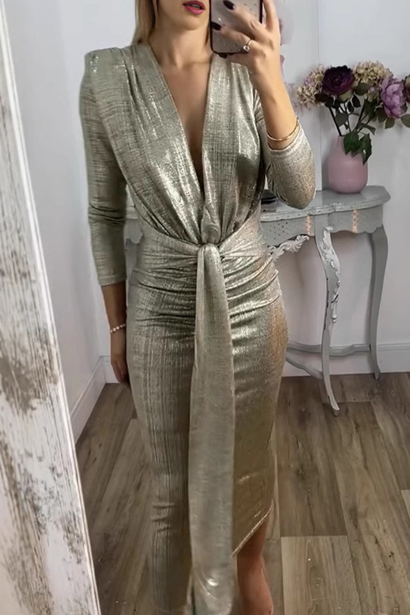 Sexy Bronzing Pattern Ruched V Neck Wrapped Skirt Dresses(3 Colors) - Fashionpara