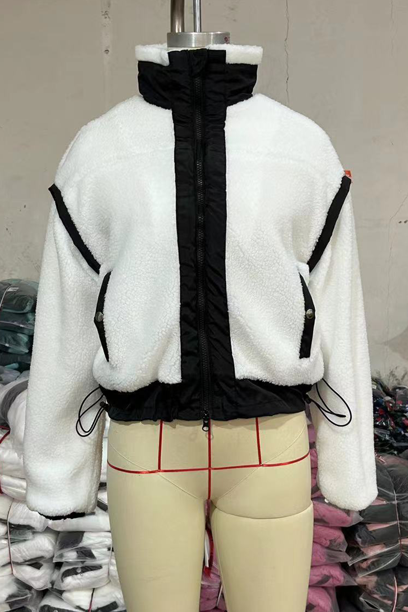 Stylish Patchwork Zipper Mandarin Collar Blazer Jacket