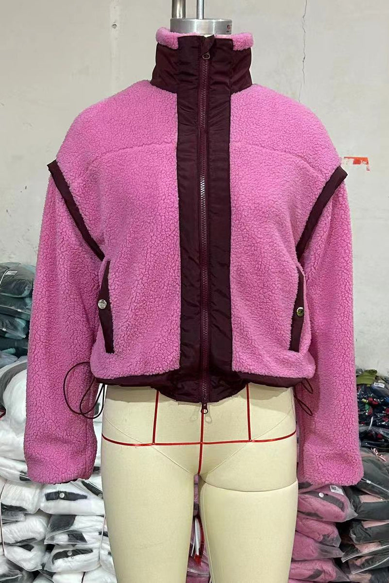 Stylish Patchwork Zipper Mandarin Collar Blazer Jacket