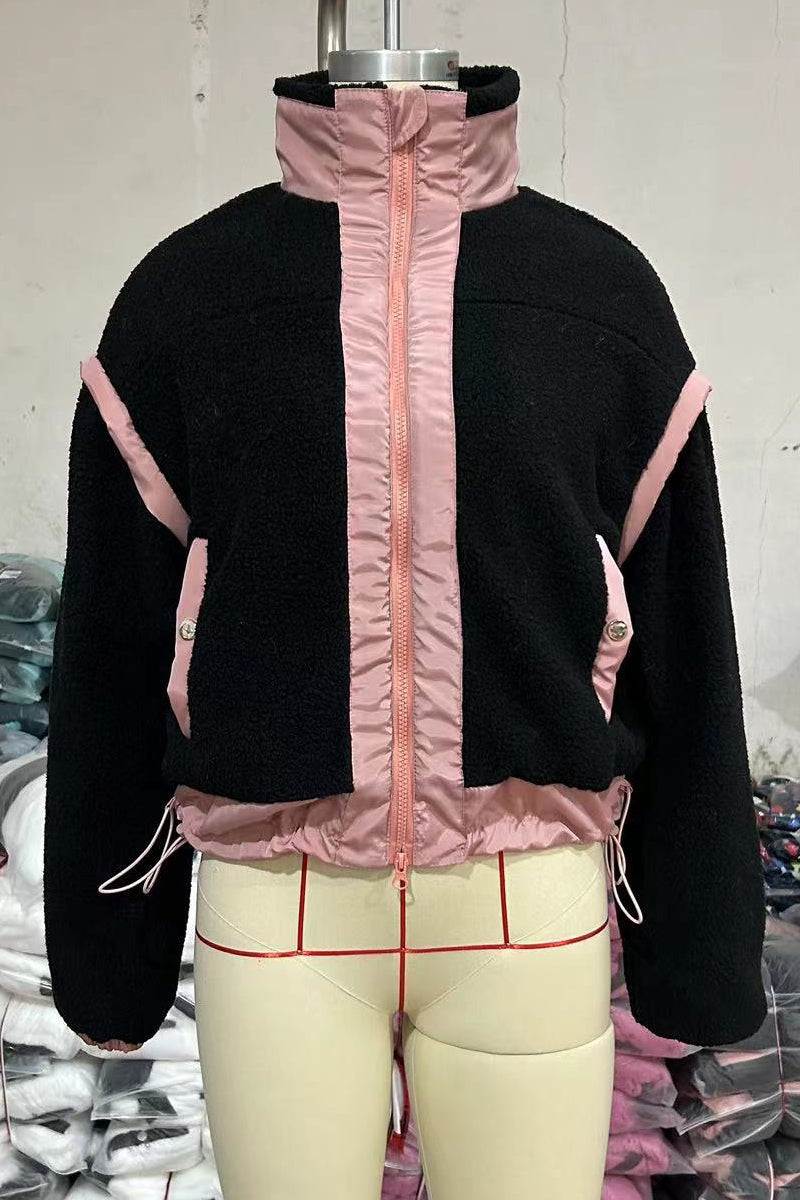Stylish Patchwork Zipper Mandarin Collar Blazer Jacket