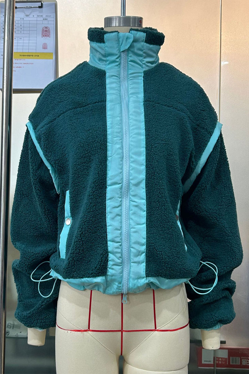 Stylish Patchwork Zipper Mandarin Collar Blazer Jacket