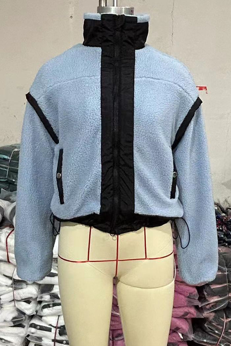 Stylish Patchwork Zipper Mandarin Collar Blazer Jacket