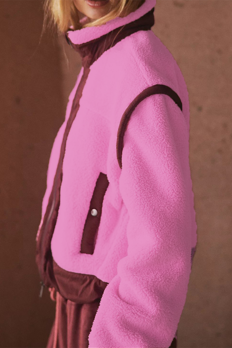 Stylish Patchwork Zipper Mandarin Collar Blazer Jacket