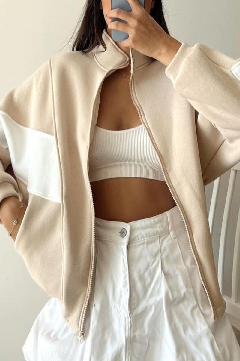 Colorblock Zipper Jacket with Mandarin Collar – Casual Chic