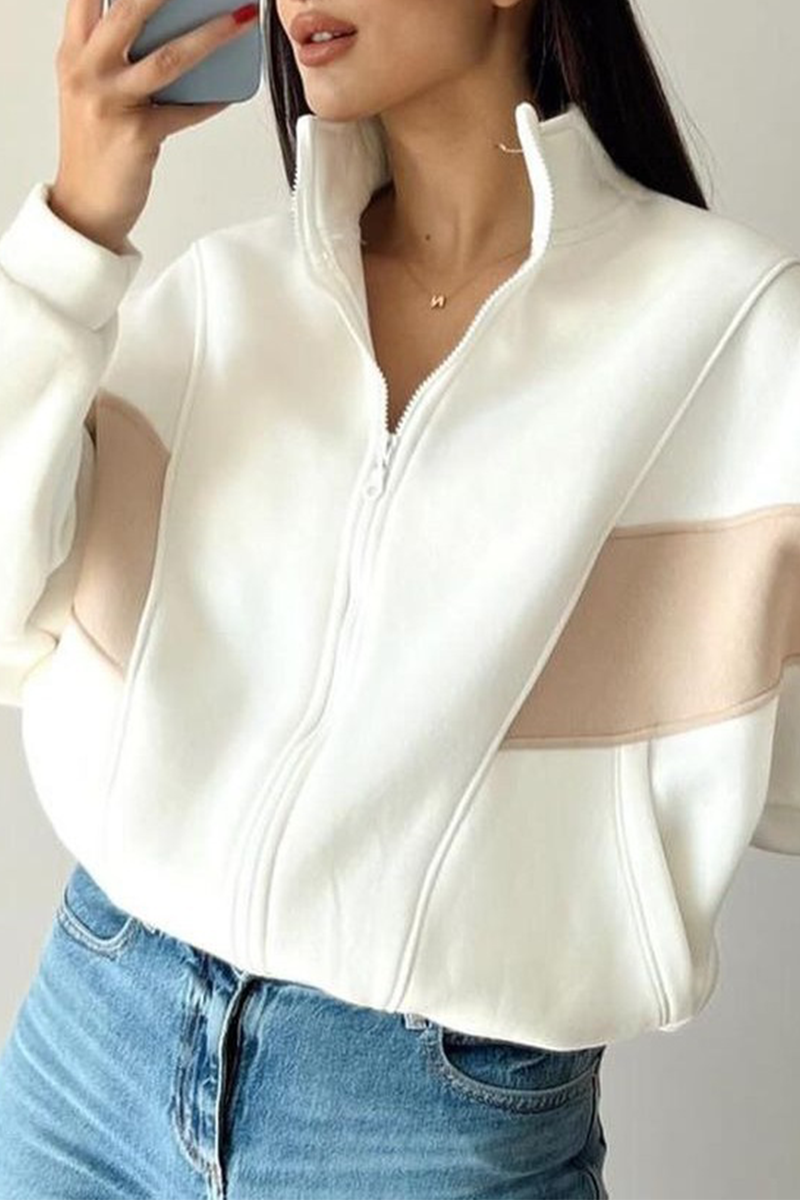 Colorblock Zipper Jacket with Mandarin Collar – Casual Chic