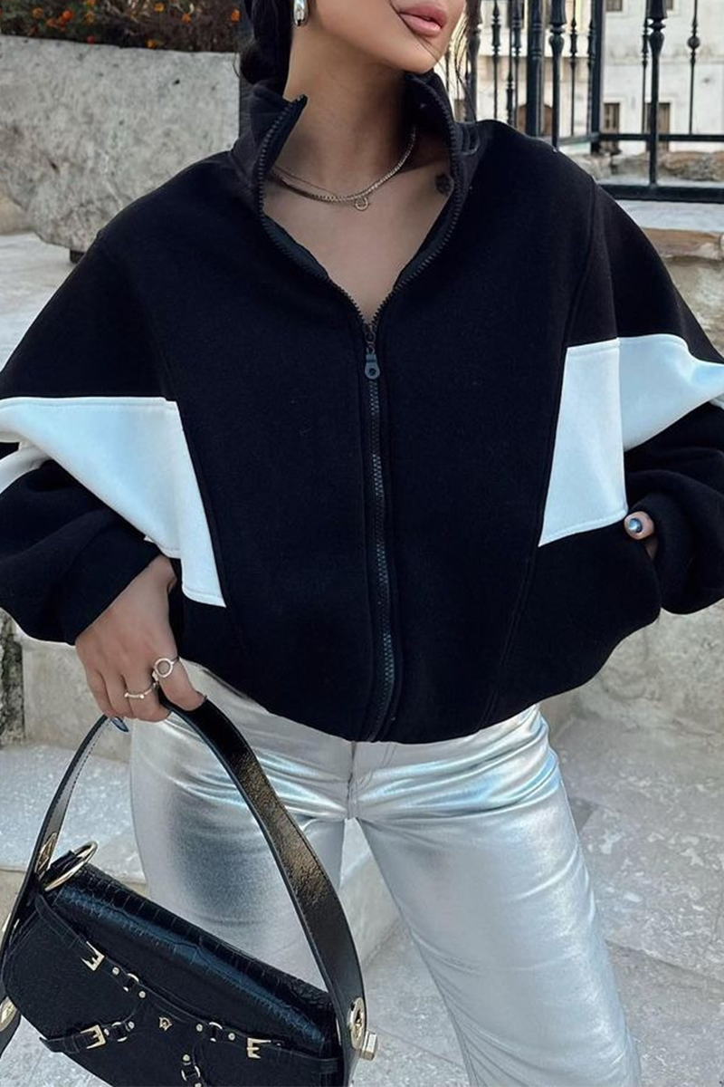 Colorblock Zipper Jacket with Mandarin Collar – Casual Chic