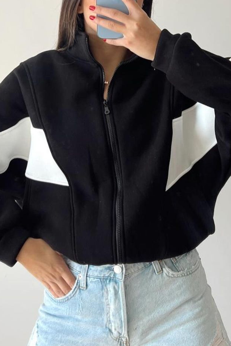 Colorblock Zipper Jacket with Mandarin Collar – Casual Chic