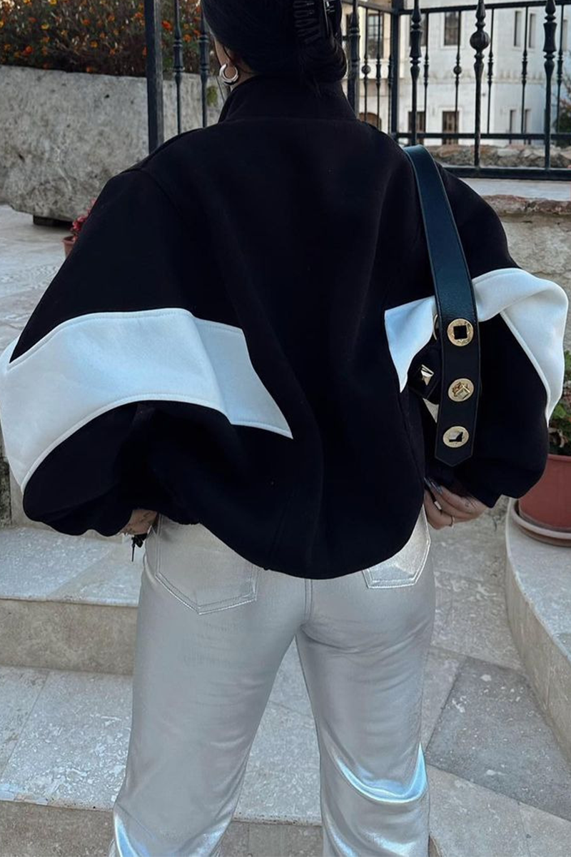 Colorblock Zipper Jacket with Mandarin Collar – Casual Chic